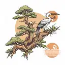pine tree bonsai and crane and zen sun   tattoo design idea