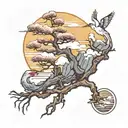 pine tree bonsai and crane and zen sun   tattoo design idea