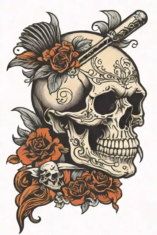 skull hair that goes backwards holding a straight razor  tattoo design idea