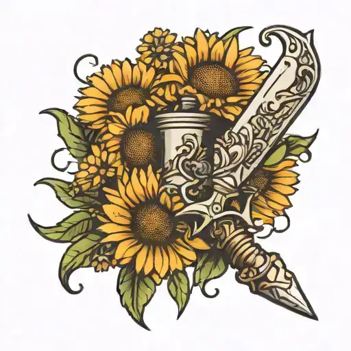 daisy flowers and a dandelion wrapped around a dagger  tattoo design idea