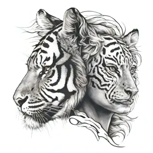 Realism Woman Face And Half Tiger Face Tattoo Idea Blackink Ai