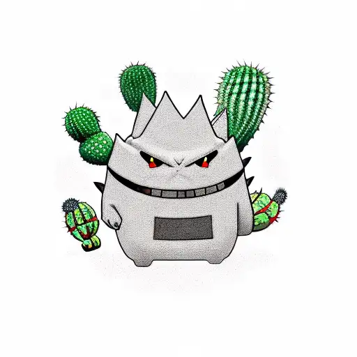 gengar, king boo, a cactus and a moai in a galaxy tattoo design idea