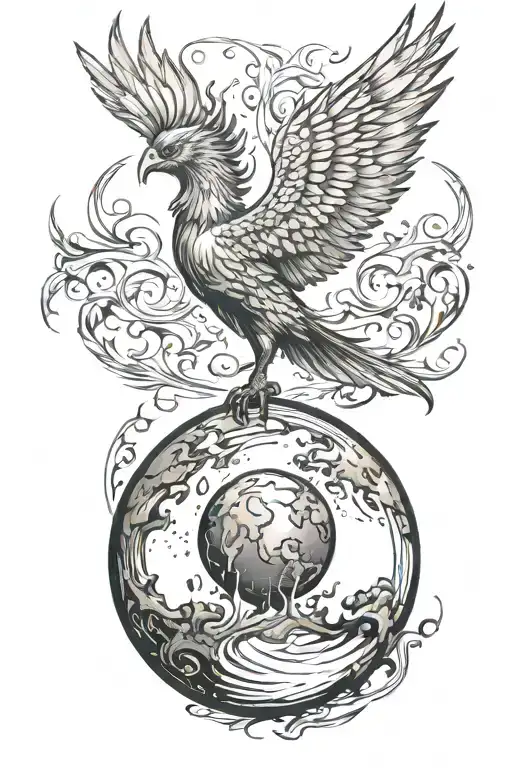 phoenix with wings spread in flames with its legs resting on a ball in the image of the planet Earth tattoo design idea