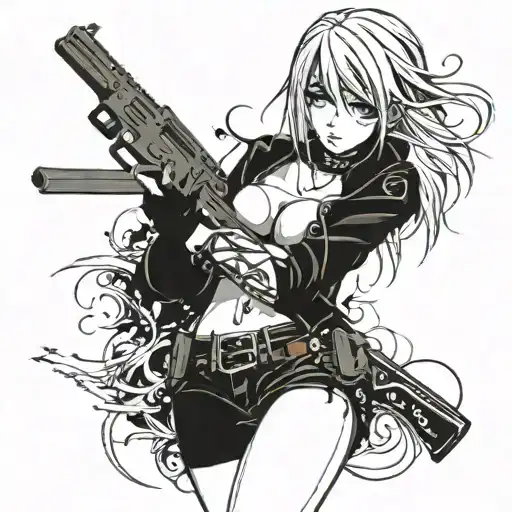 hot emo girl whit a gun topless tattoo design idea