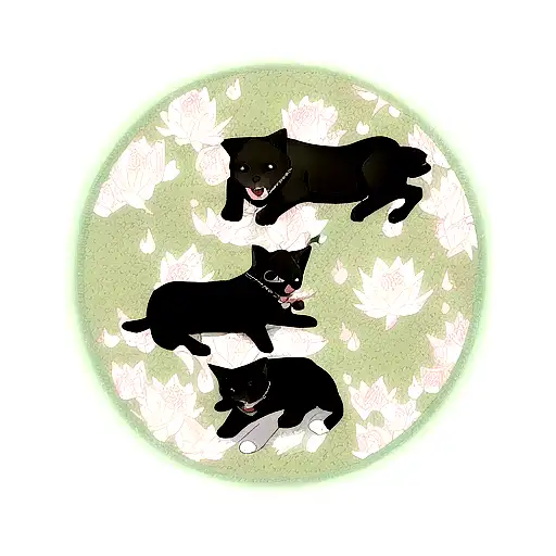 Labrador Retriever and Cat with lotus flowers tattoo design idea