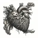 realistic heart shape broken into pieces that are trying to form back together by hands surrounding it tattoo design idea