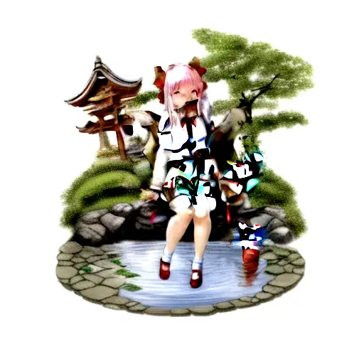 shrine maiden with fox on her lap by a koi pond tattoo design idea