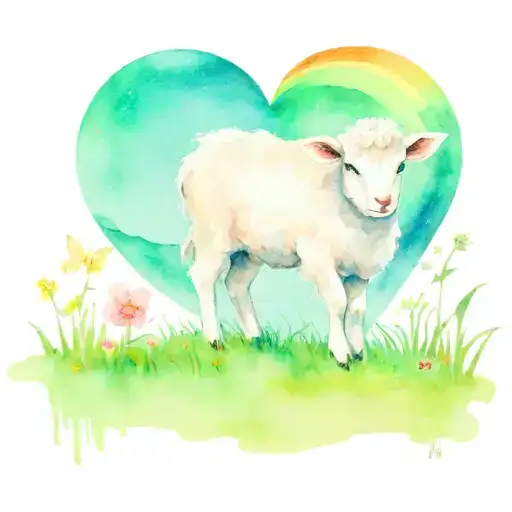 a small lamb, a small teddy bear, a small heart, in a green field. Sunny skies with a rainbow. butterflies.  tattoo design idea