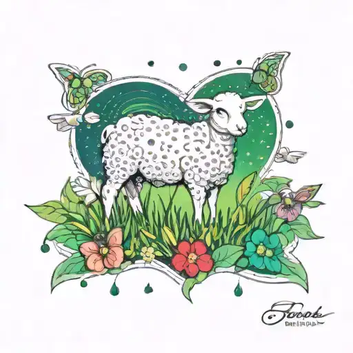 a green field. the field has on top of it a lamb, a teddy, and a heart. a rainbow surrounds the field. butterflies tattoo design idea