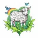 a green field. the field has on top of it a lamb, a teddy, and a heart. a rainbow surrounds the field. butterflies tattoo design idea