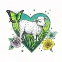 a green field. the field has on top of it a lamb, a teddy, and a heart. a rainbow surrounds the field. butterflies tattoo design idea