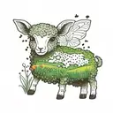 a green field. the field has on top of it a lamb, a teddy, and a heart. a rainbow surrounds the field. butterflies tattoo design idea