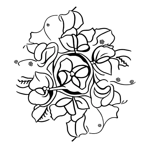 A bouquet of holly, poppy, and snowdrop flowers intertwined with the names of your three children tattoo design idea