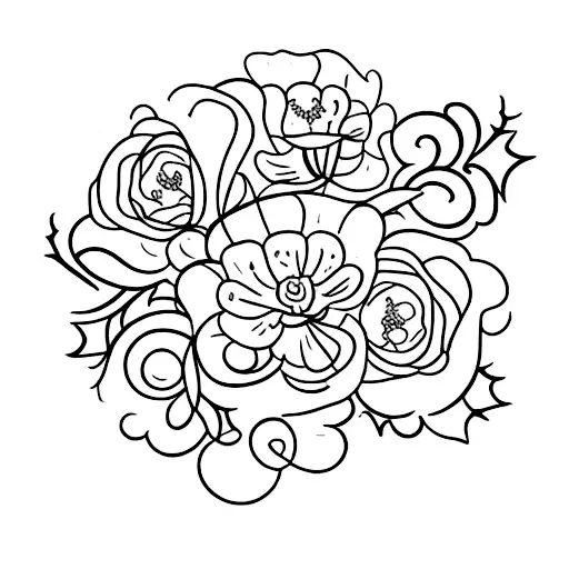 A bouquet of holly, poppy, and carnation flowers intertwined with the names of your three children tattoo design idea
