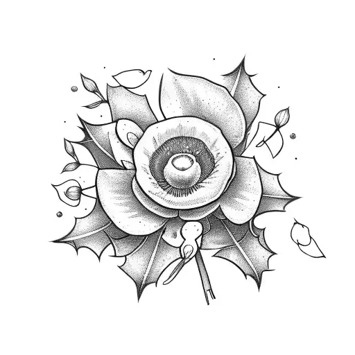A bouquet of holly, poppy, and snowdrop flowers intertwined with the names of your three children tattoo design idea