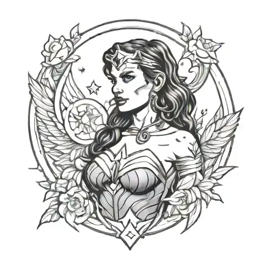 wonder woman bust surrounded tattoo design idea