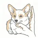 A minimalist tattoo of a corgi playing with a hand tattoo design idea