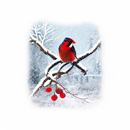 a red breasted bird on a branch with three red berries in winter under snow tattoo design idea