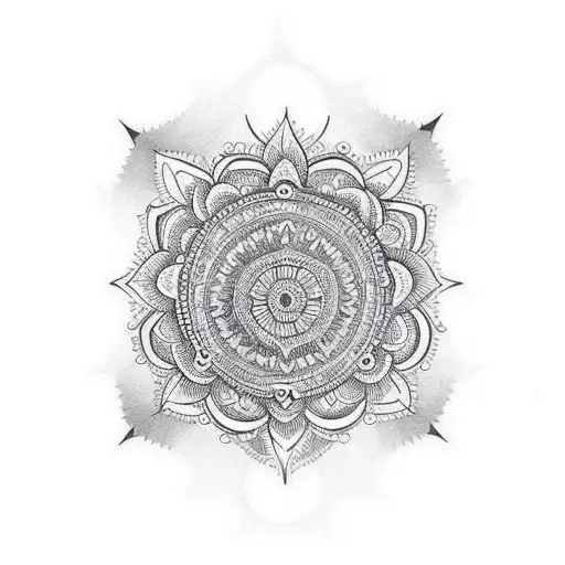 mandala on shoulder that has a pattern coming down the triceps and connects to a mandala with a center on elbow tattoo design idea
