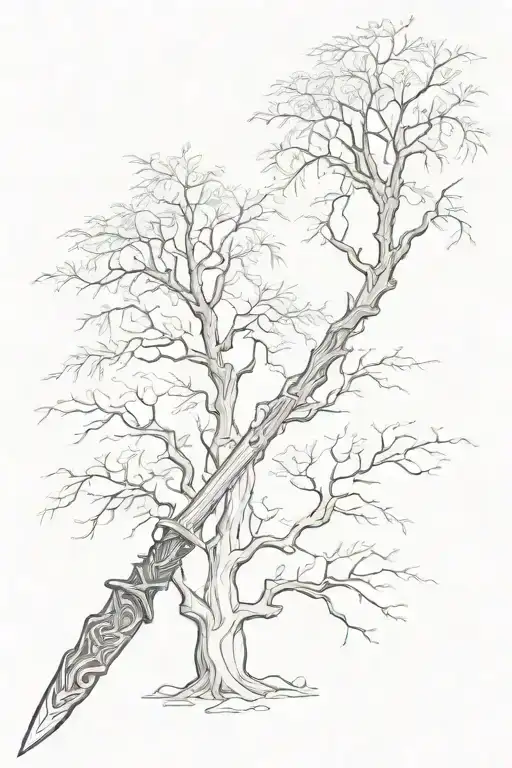 Elder Wand from Harry Potter, Jason Vorhees' machete, Tanjiro's nichirin sword, and a weeping willow tree tattoo design idea