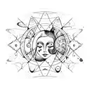 planets and stars inside the outlined figure of a woman tattoo design idea