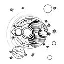 planets and stars inside the outlined figure of a woman tattoo design idea