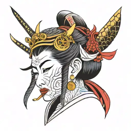 samurai female head tattoo design idea