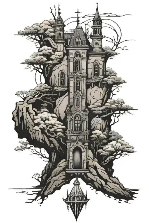  gothic tower on cliff tattoo design idea