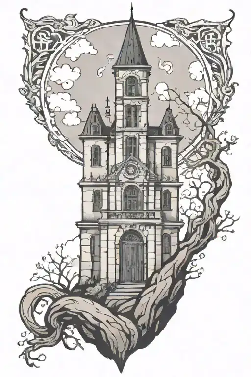  gothic tower on cliff tattoo design idea