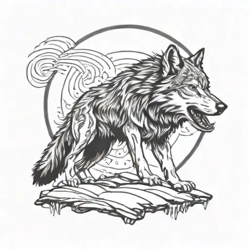 A realistic black and grey tattoo of a wolf howling at the moon, with a subtle 49ers logo incorporated into the background. The wolf is depicted in a detailed blackwork style, showcasing the intricate details of its fur and expression. tattoo design idea