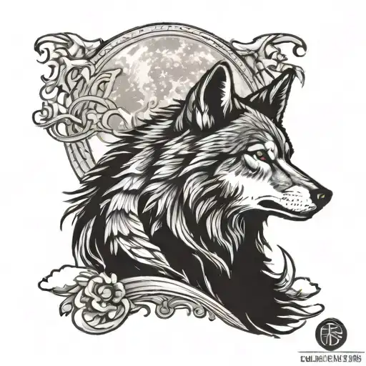 A realistic black and grey tattoo of a wolf howling at the moon, with a subtle 49ers logo incorporated into the background. The wolf is depicted in a detailed blackwork style, showcasing the intricate details of its fur and expression. tattoo design idea