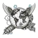 A detailed 3D design of a Lupus support ribbon and an Asthma support band wrapping around a realistic depiction of the world globe, with a medical symbol in the background and an African tribal nurse holding the globe, all in blackwork style. tattoo design idea