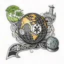 A detailed 3D design of a Lupus support ribbon and an Asthma support band wrapping around a realistic depiction of the world globe, with a medical symbol in the background and an African tribal nurse holding the globe, all in blackwork style. tattoo design idea