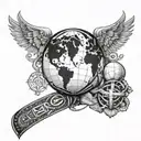 A detailed 3D design of a Lupus support ribbon and an Asthma support band wrapping around a realistic depiction of the world globe, with a medical symbol in the background and an African tribal nurse holding the globe, all in blackwork style. tattoo design idea