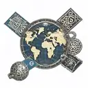 A detailed 3D design of a Lupus support ribbon and an Asthma support band wrapping around a realistic depiction of the world globe, with a medical symbol in the background and an African tribal nurse holding the globe, all in blackwork style. tattoo design idea