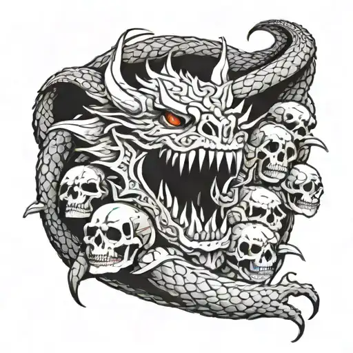 Demonic dragon sitting on pilec of skulls facing each other tattoo design idea