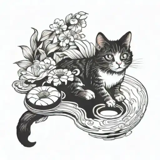 Create a tattoo of a black angel cat enjoying a doughnut in a serene koi pond setting tattoo design idea