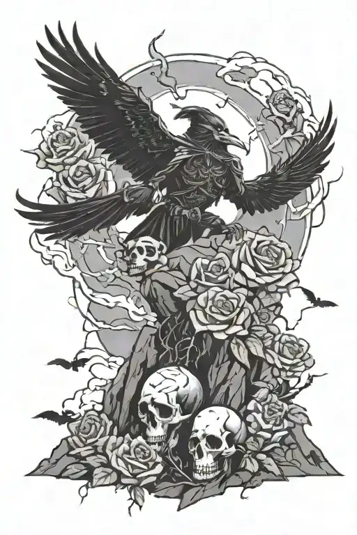 lone man on mountain made of skulls and roses with ravens flying overhead and lightning  tattoo design idea
