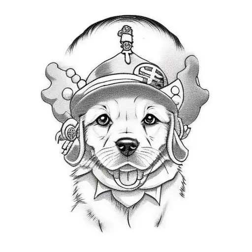 small golder retriever puppy wearing Luffy's strawhat from One Piece anime in the style of Ghibli movie tattoo design idea