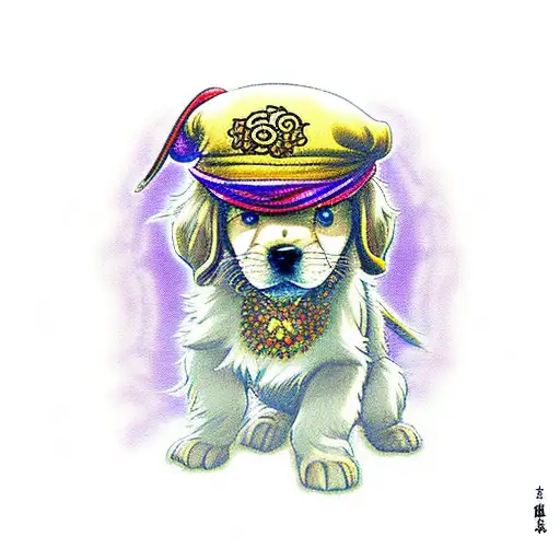 small golder retriever puppy wearing the strawhat from One Piece anime in the style of Ghibilis' Howl's Moving Castle tattoo design idea