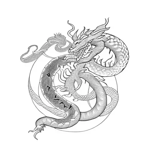 Create a dotwork tattoo design inspired by Catholicism, featuring a snake and dragon as representations of good and evil tattoo design idea
