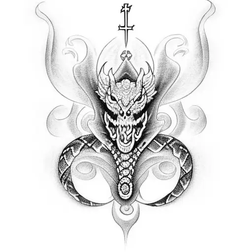 Create a dotwork tattoo design inspired by Catholicism, featuring a snake and dragon as representations of good and evil tattoo design idea