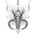 Create a dotwork tattoo design inspired by Catholicism, featuring a snake and dragon as representations of good and evil tattoo design idea