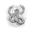 Create a dotwork tattoo design inspired by Catholicism, featuring a snake and dragon as representations of good and evil tattoo design idea
