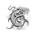 Create a dotwork tattoo design inspired by Catholicism, featuring a snake and dragon as representations of good and evil tattoo design idea