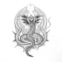 Create a dotwork tattoo design inspired by Catholicism, featuring a snake and dragon as representations of good and evil tattoo design idea