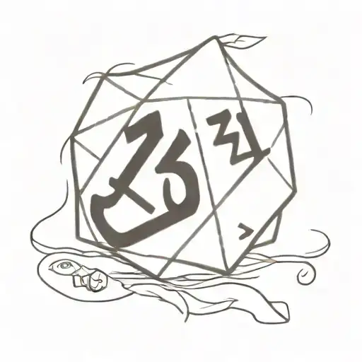 d20 dice with a banner that has the name Justin in it  tattoo design idea