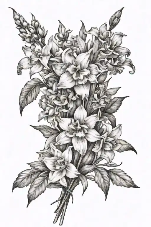 larkspur, carnation, narcissus, daffodils Bouquet tattoo design idea