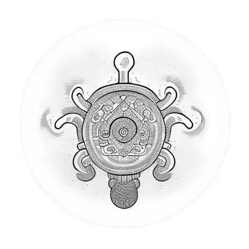 A cartoon-inspired tattoo of a mushroom character surrounded by intricate geometric shapes tattoo design idea