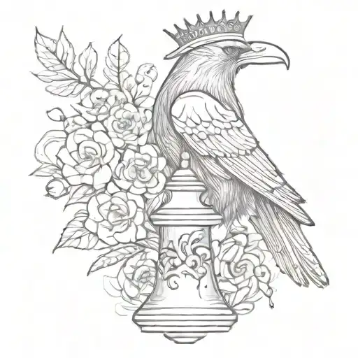 king chess piece with flowers and ravens flying tattoo design idea